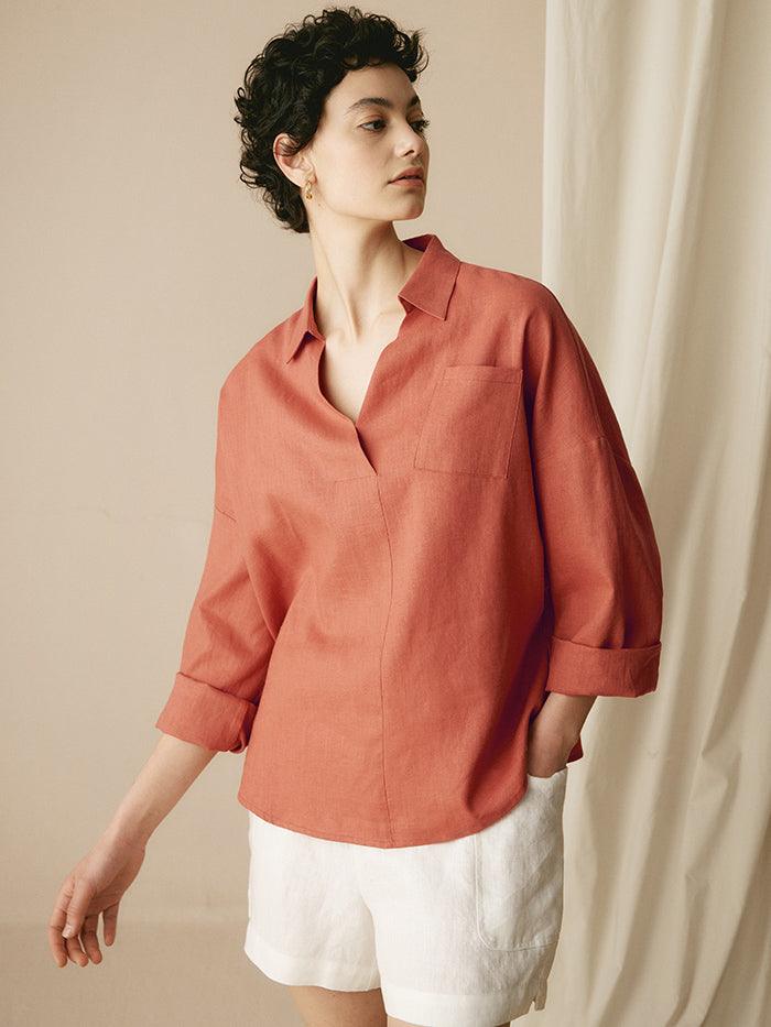 Linen Blend Relaxed Shirt Collar Shirt