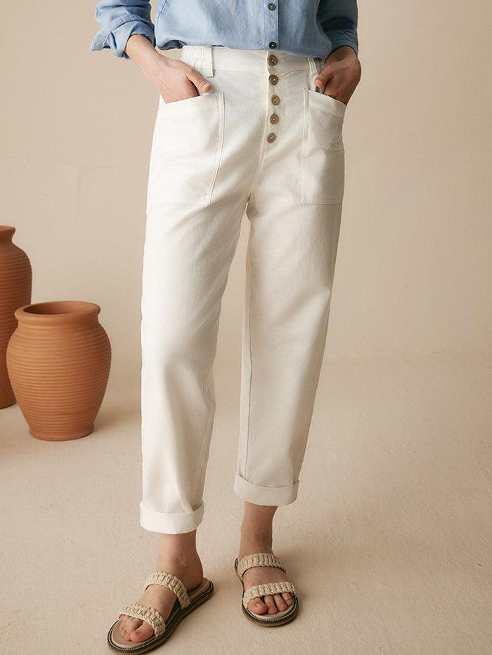 Linen Blend Patch-Pocket Straight-Leg Trousers