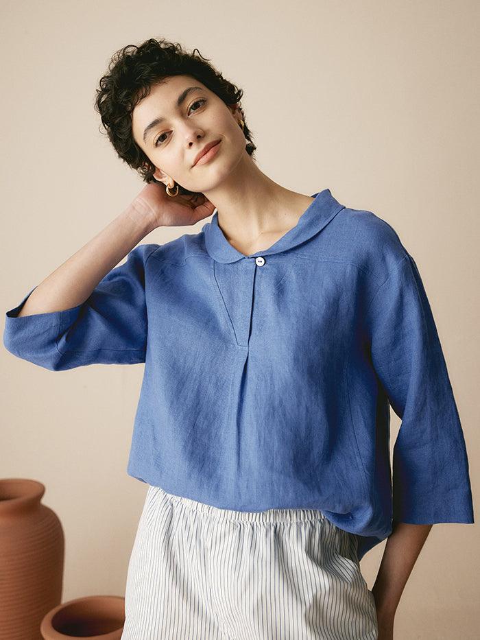 100% Linen V-Neck Three-Quarter Sleeve Blouse
