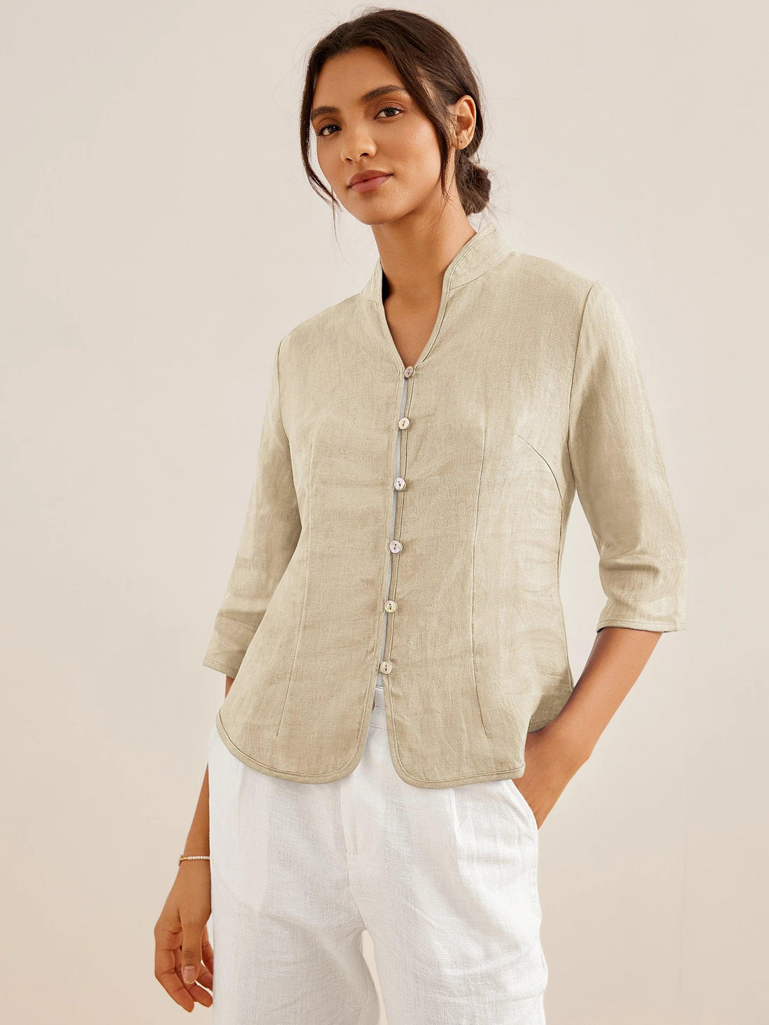 100% Linen Tailored Stand-Collar Jacket