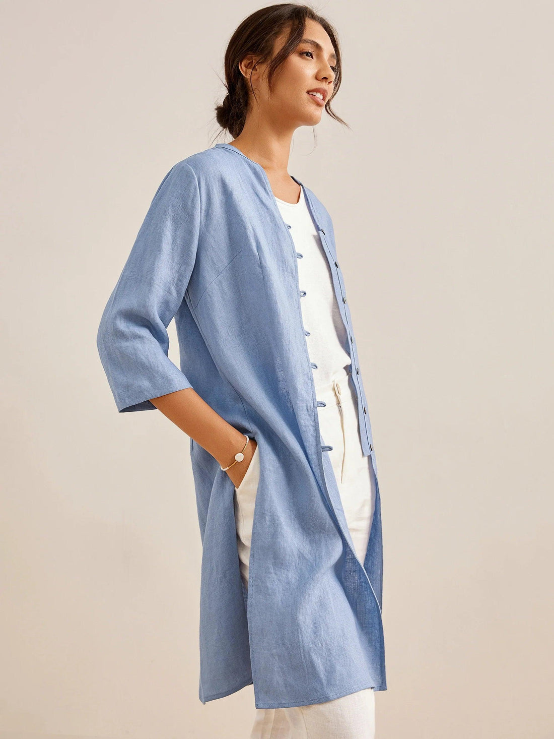 Linen Heavyweight V-Neck Stand Collar Shirt