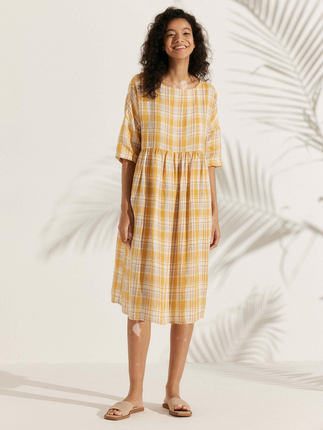 100% Linen Ruched Round-Neck Midi Dress