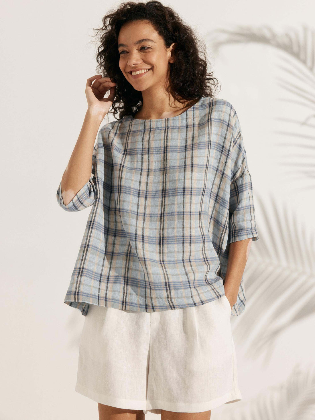 100% Linen Checked Boatneck Half-Sleeve Top
