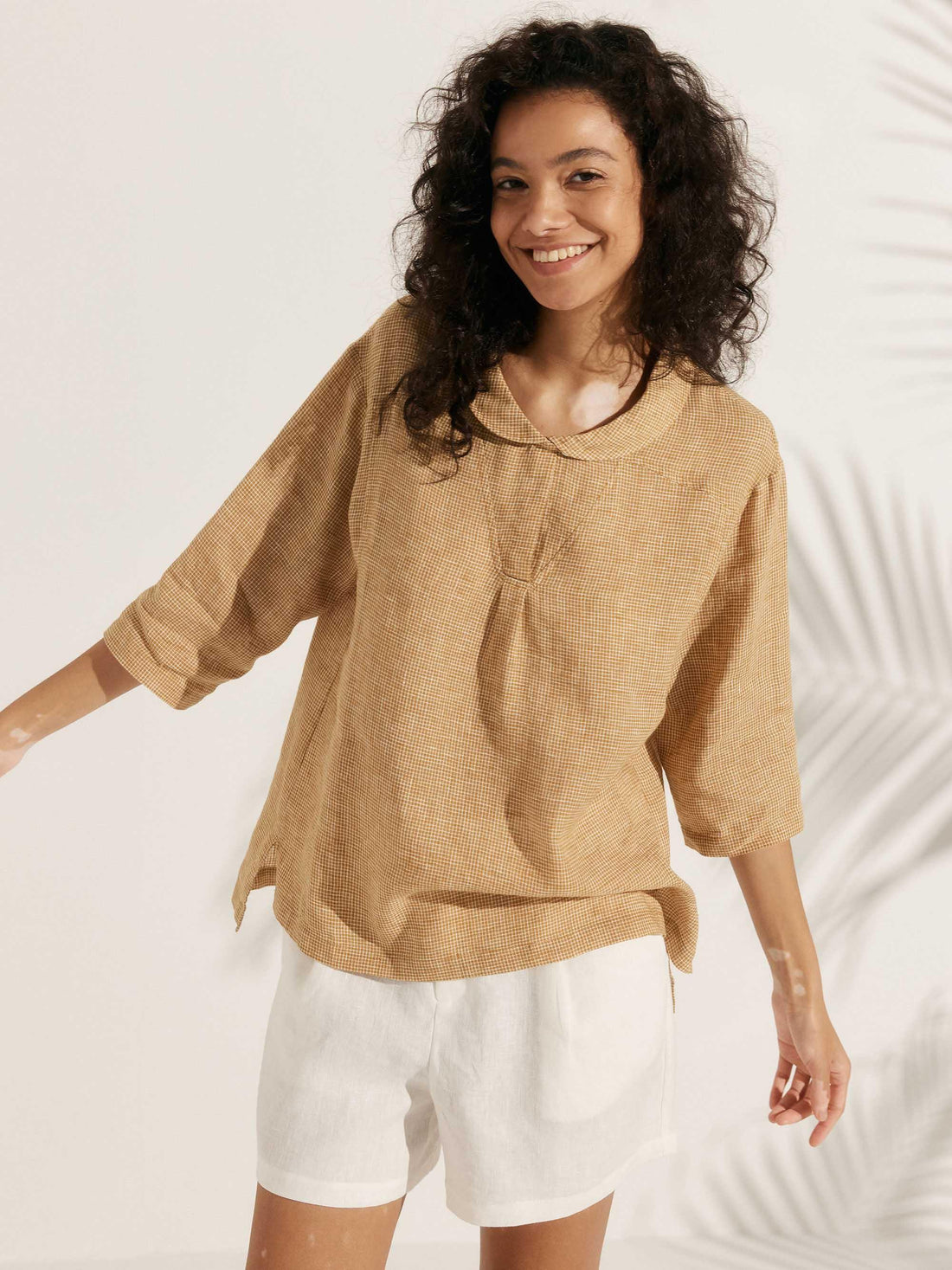 100% Linen V-Neck Three-Quarter Sleeve Blouse