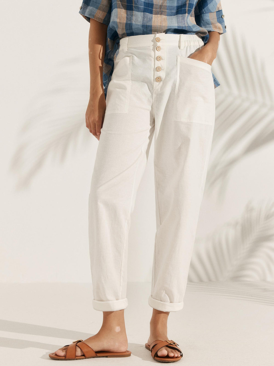 Linen-Blend Patch-Pocket Straight-Leg Trousers