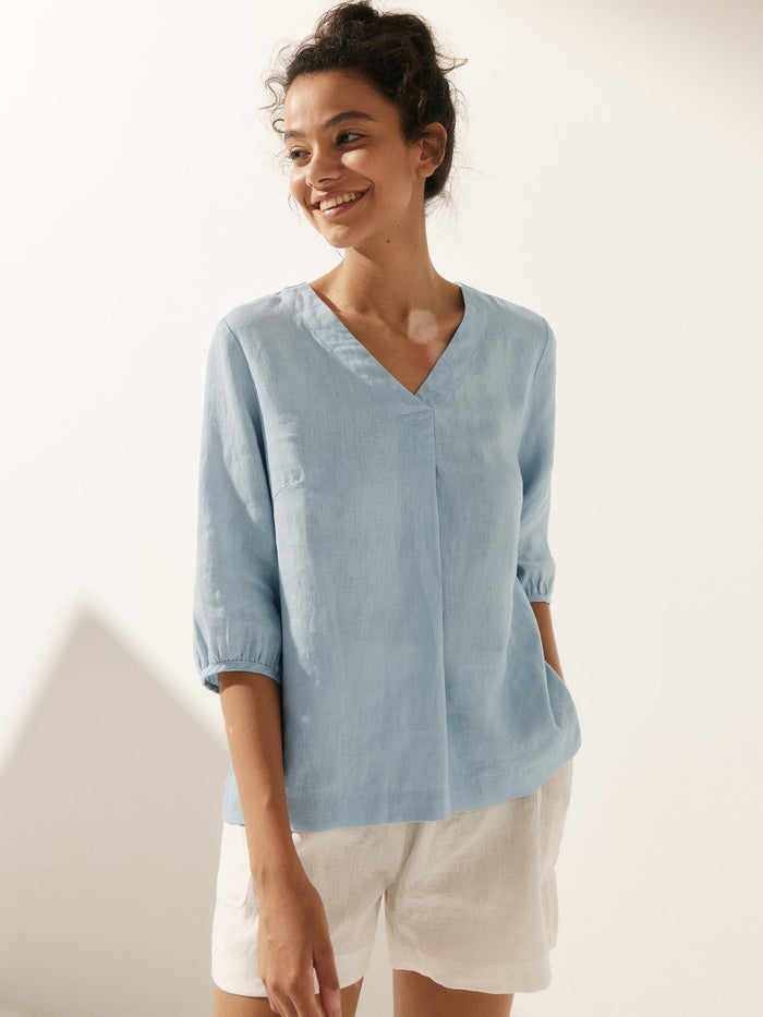 100% Linen Pleated V-Neck Blouse