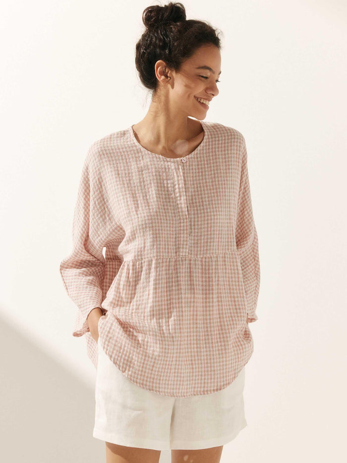 75% Linen Checked Ruched Round Neck Shirt