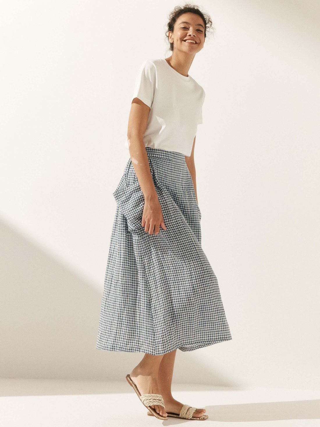 75% Linen A-Line Midi Skirt with Patch Pockets