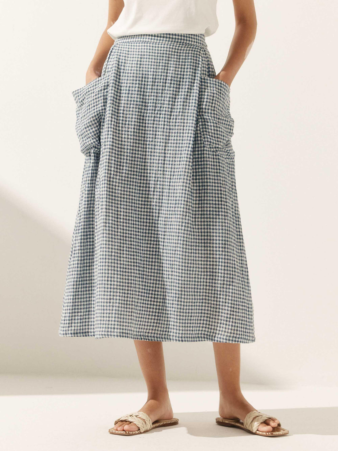 75% Linen A-Line Midi Skirt with Patch Pockets