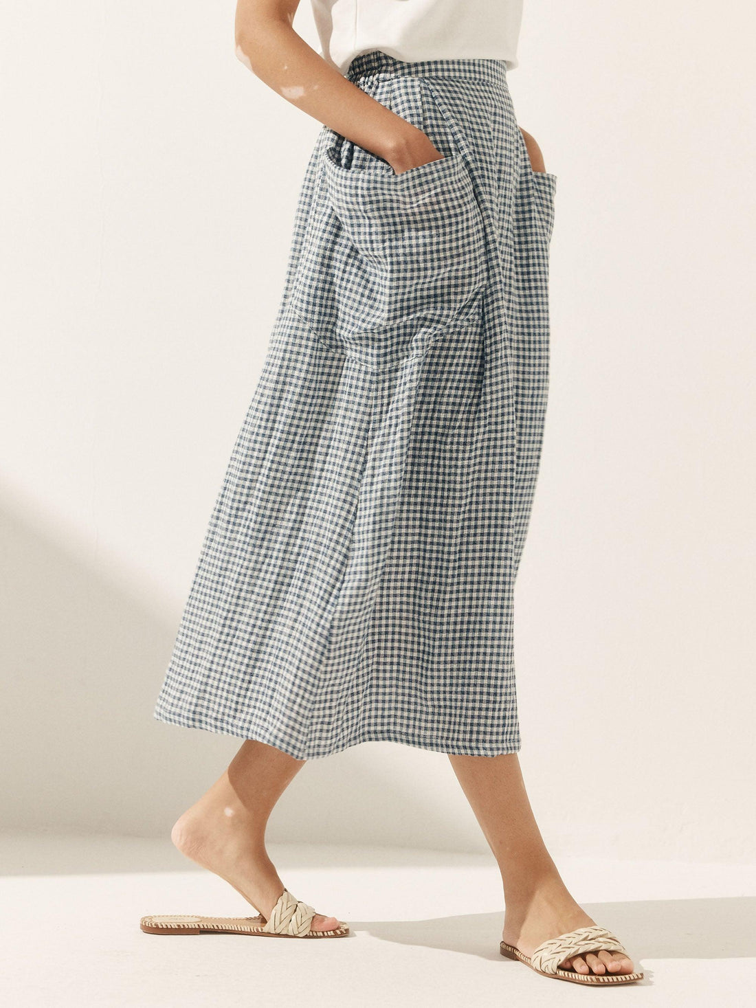 75% Linen A-Line Midi Skirt with Patch Pockets