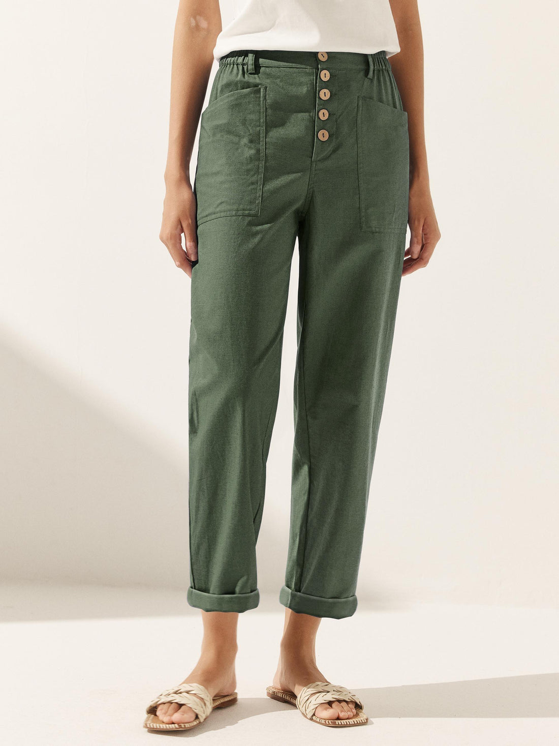 Linen Blend Patch-Pocket Straight-Leg Trousers