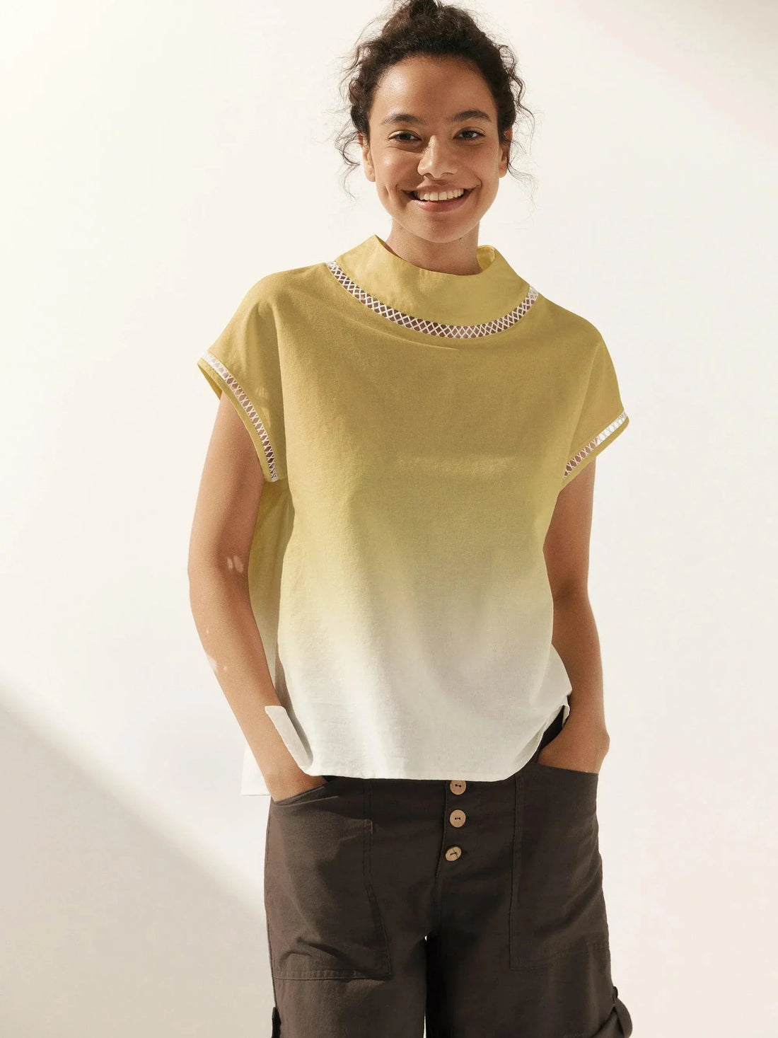 55% Linen Blend Stand Collar Top