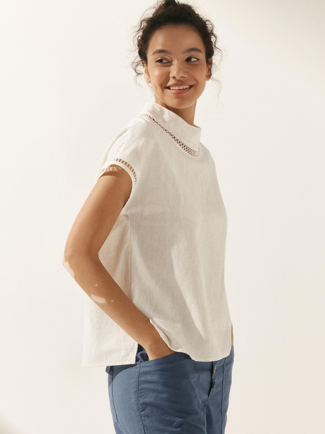 55% Linen Blend Stand Collar Top