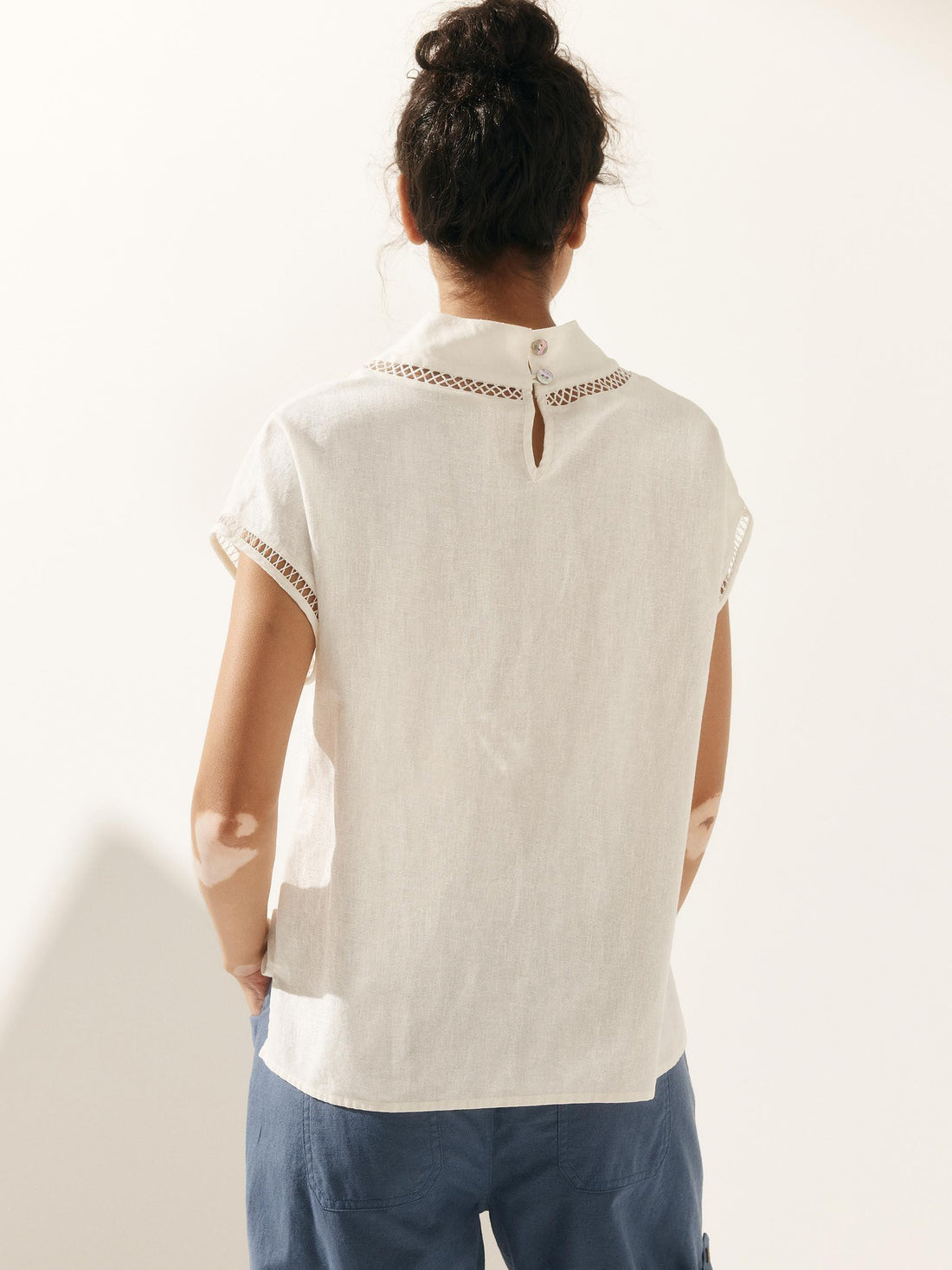 55% Linen Blend Stand Collar Top