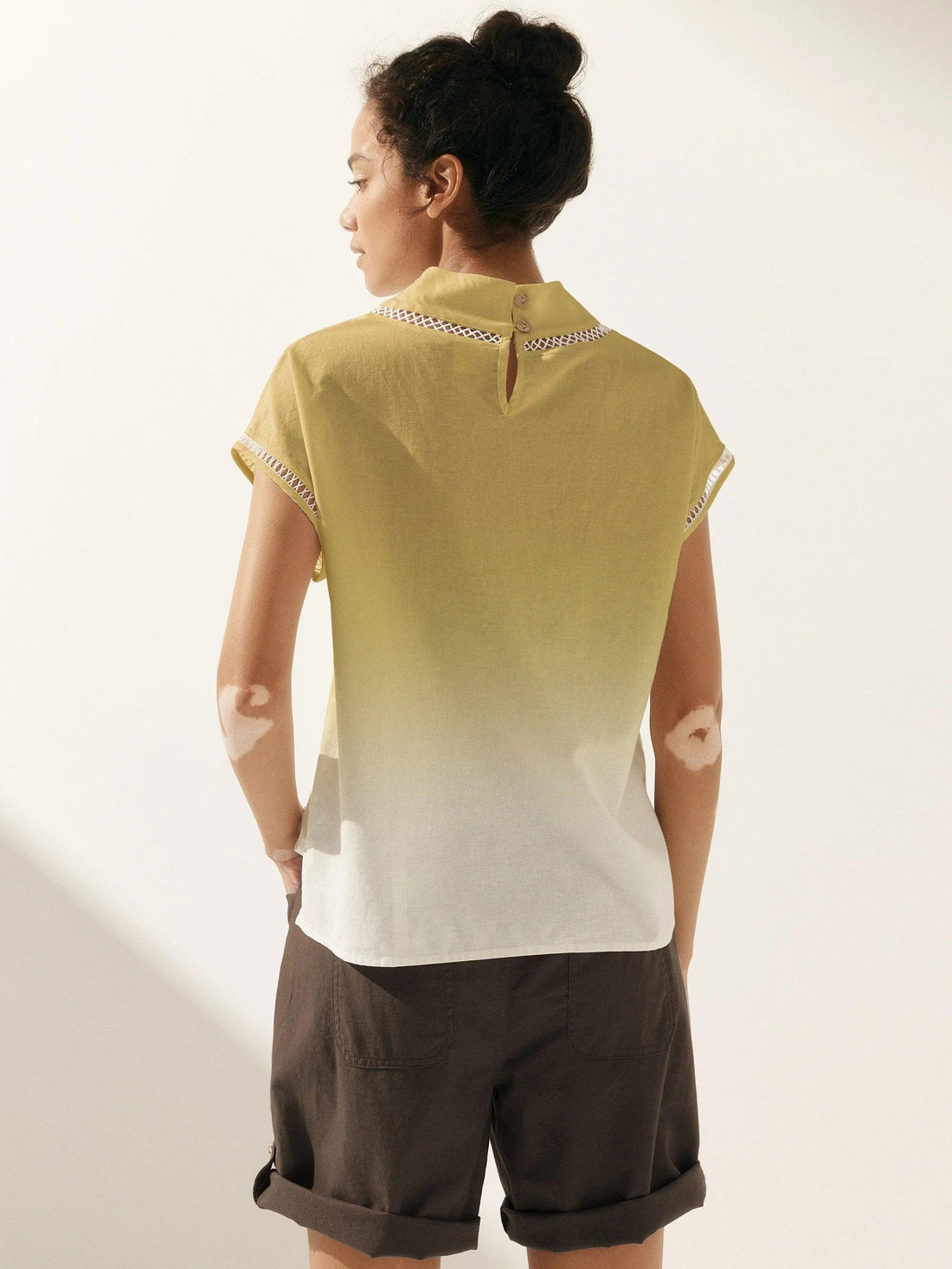 55% Linen Blend Stand Collar Top