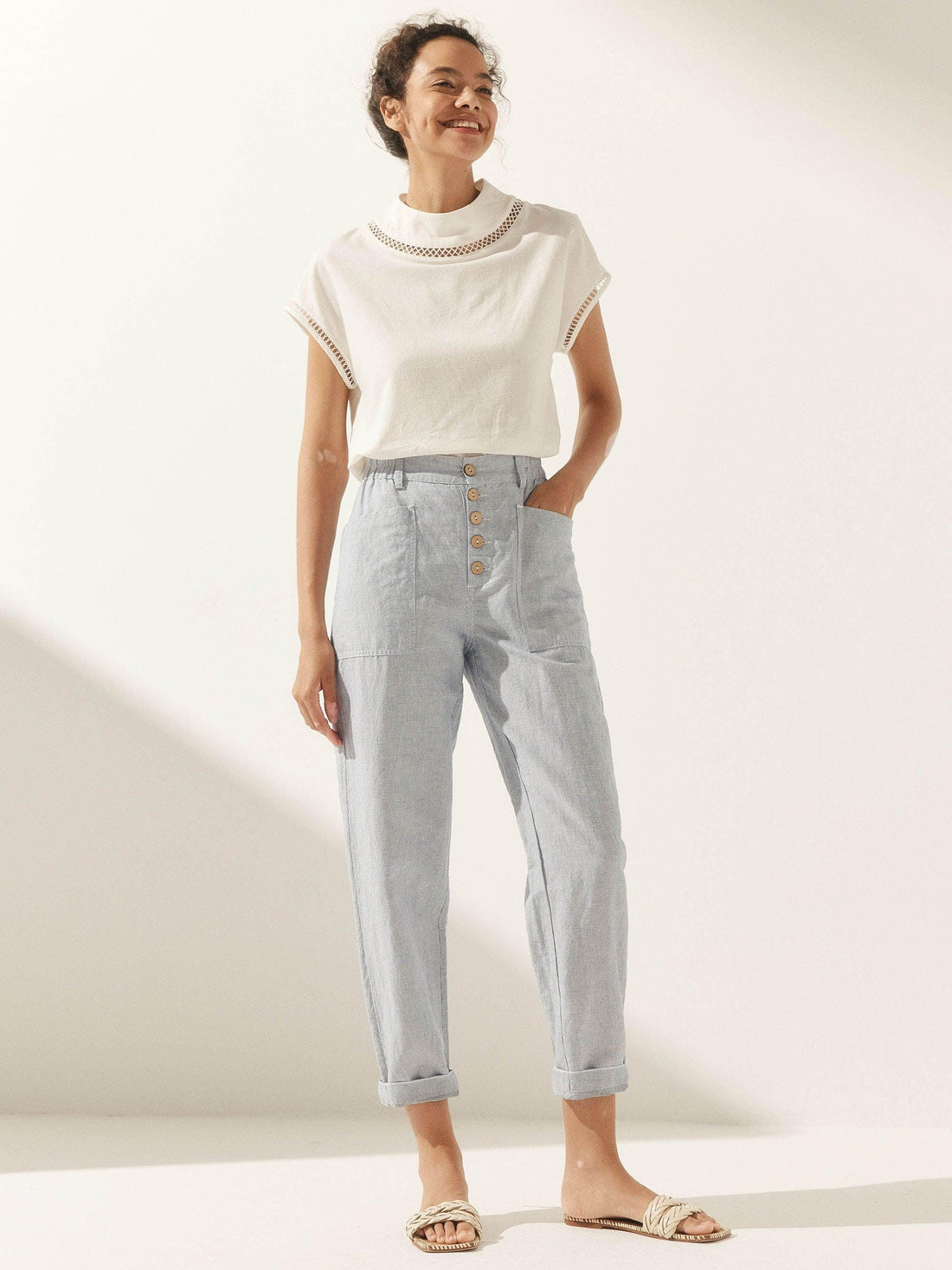 Linen-Blend Patch-Pocket Straight-Leg Trousers