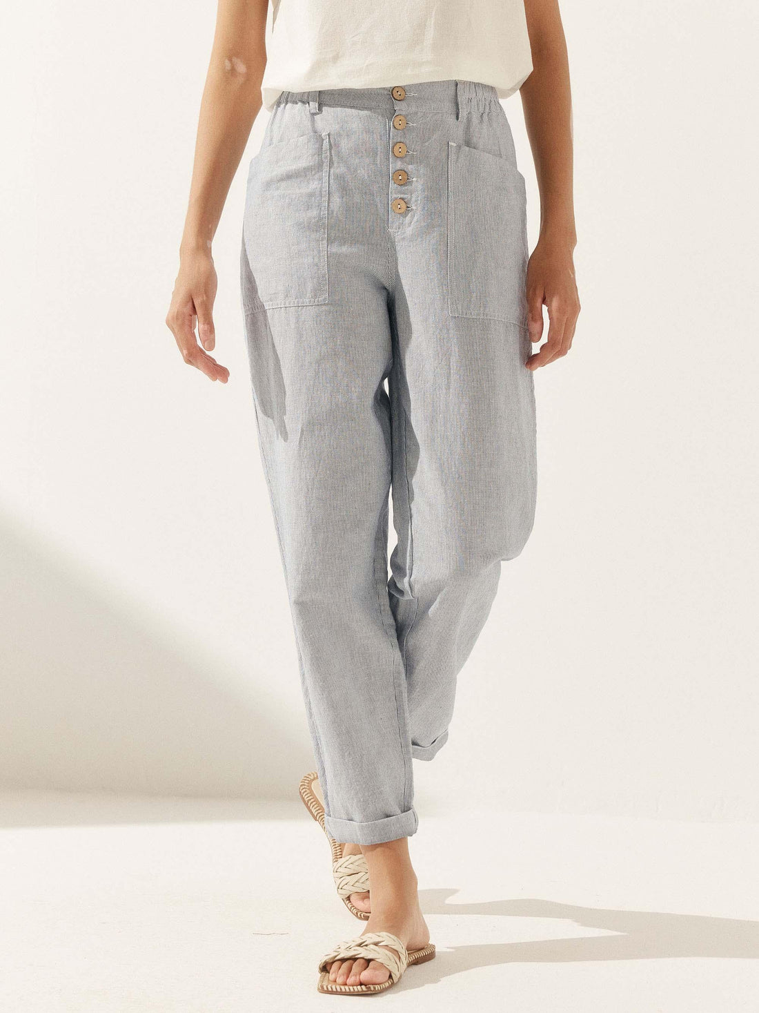 Linen Blend Patch-Pocket Straight-Leg Trousers