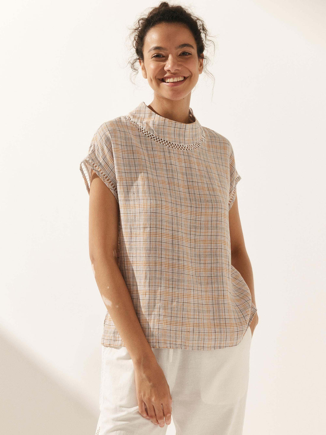 55% Linen Blend Stand Collar Top