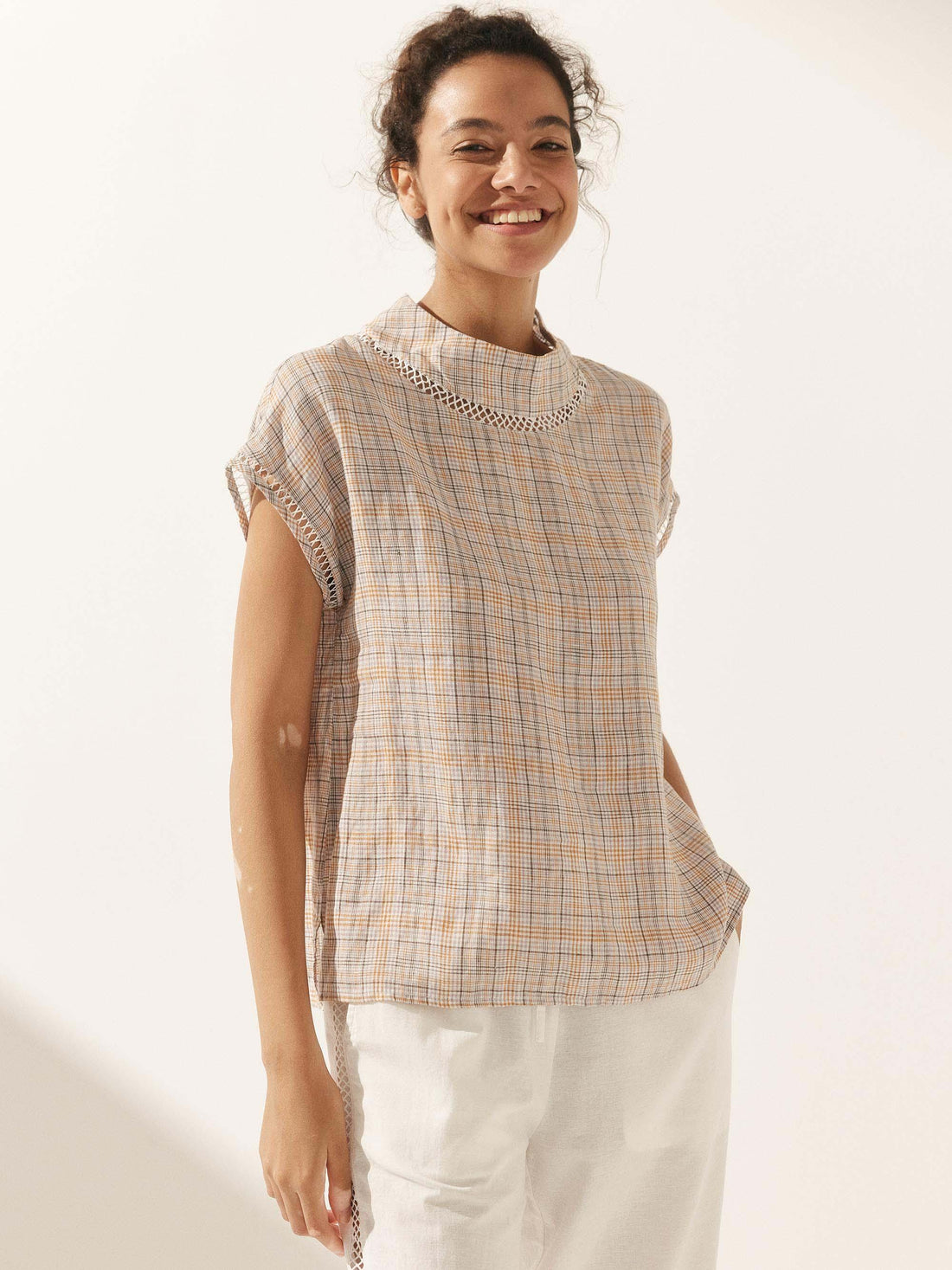 55% Linen Blend Stand Collar Top