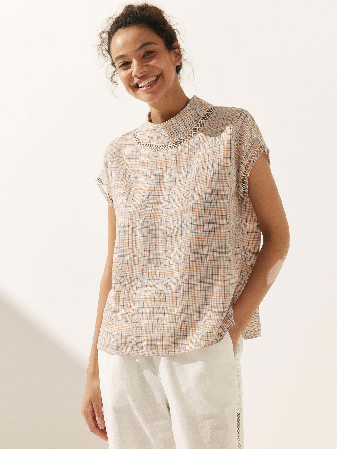 55% Linen Blend Stand Collar Top