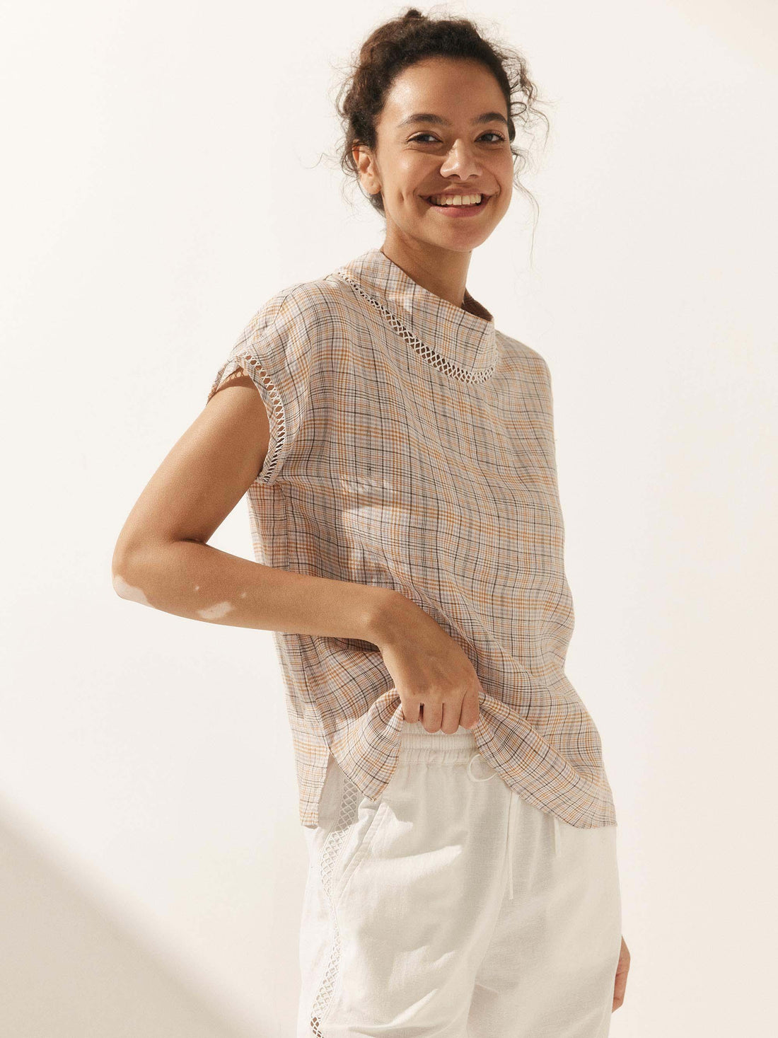Linen Blend Stand Collar Short Sleeve Blouse