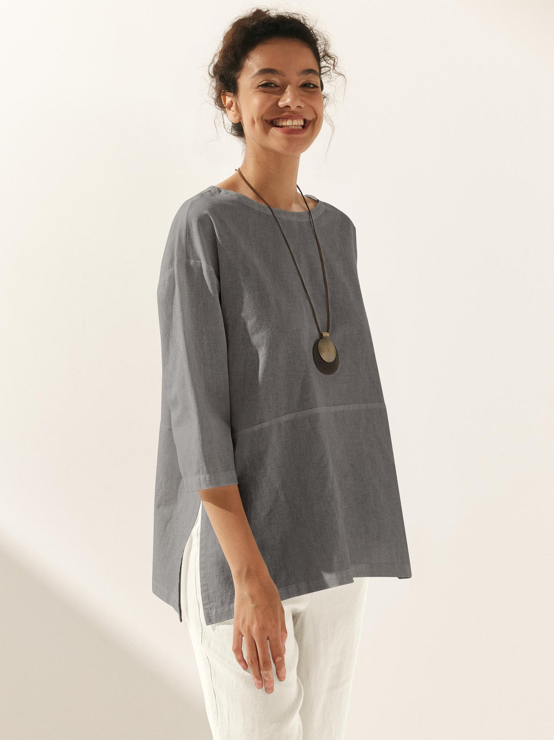 55% Linen Round Neck Straight-Fit Blouse