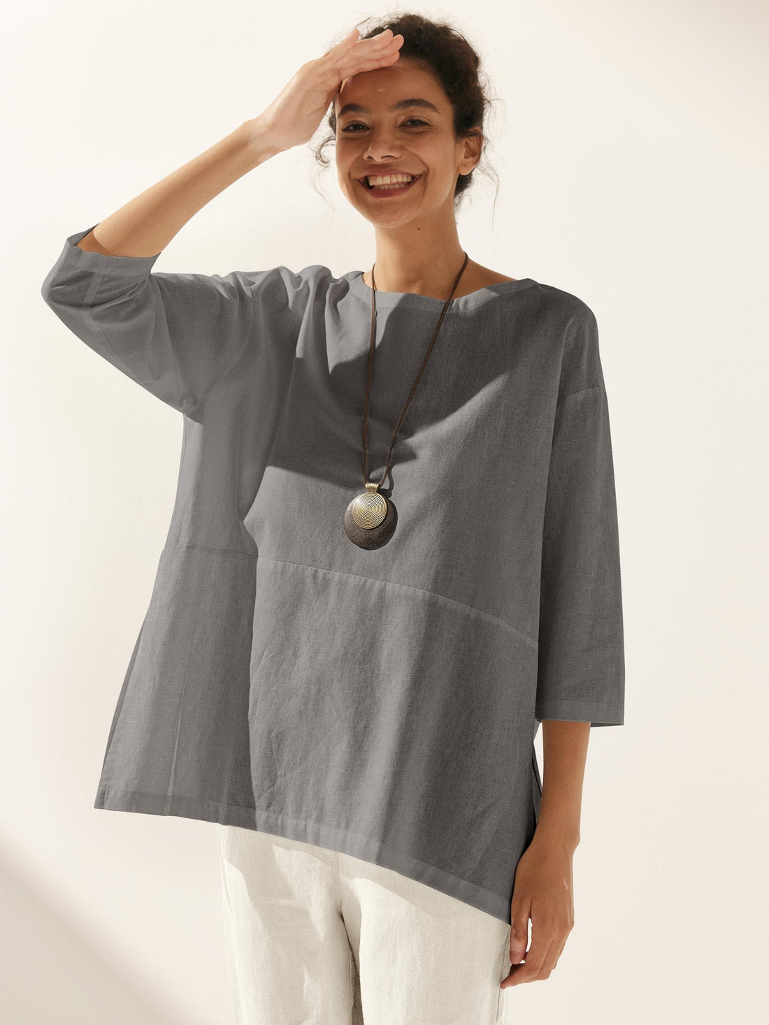 55% Linen Round Neck Straight-Fit Blouse