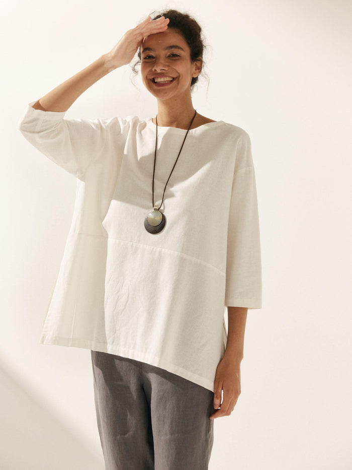 55% Linen Round Neck Straight-Fit Blouse