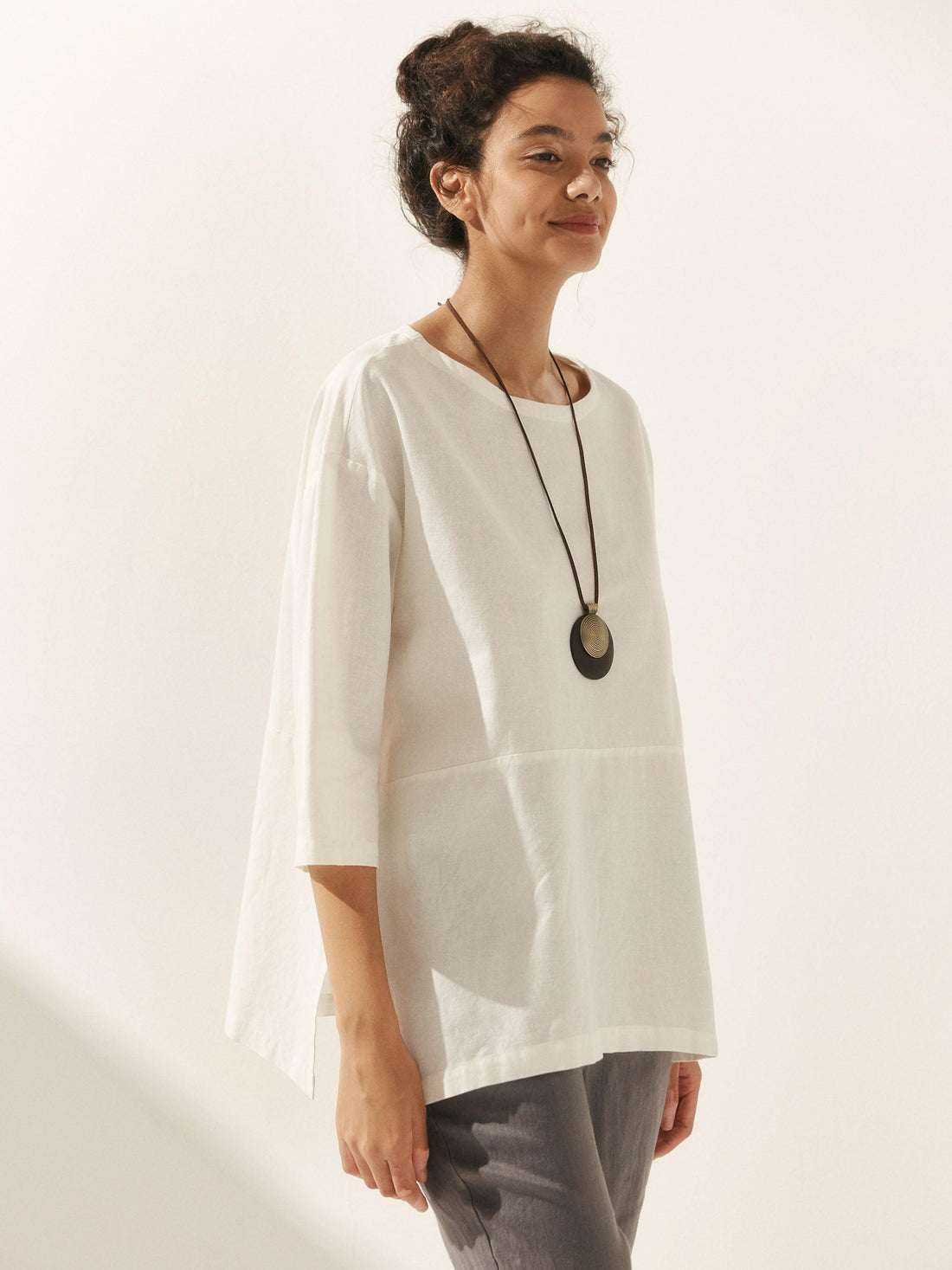 55% Linen Round Neck Straight-Fit Blouse