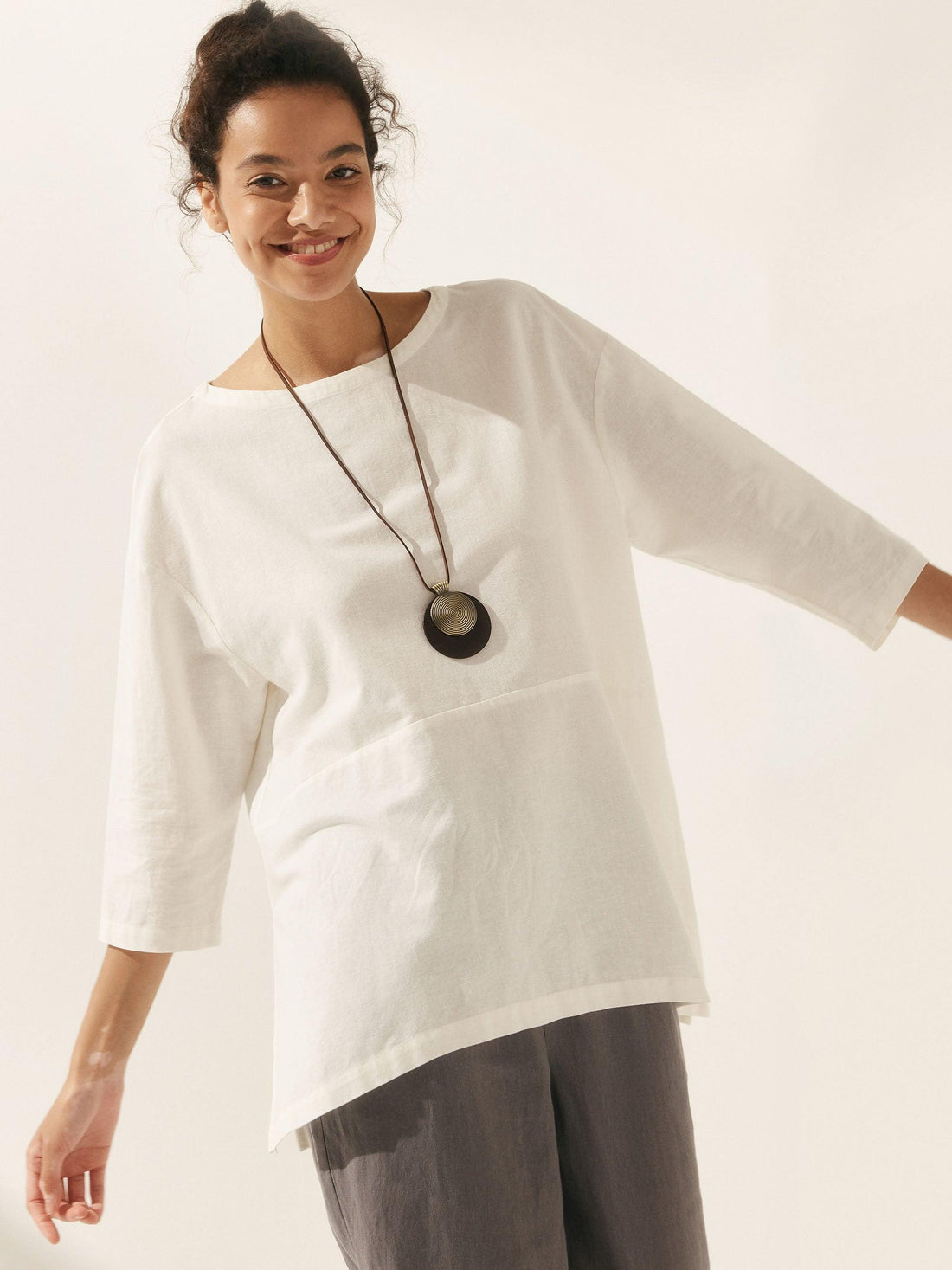 55% Linen Round Neck Straight-Fit Blouse