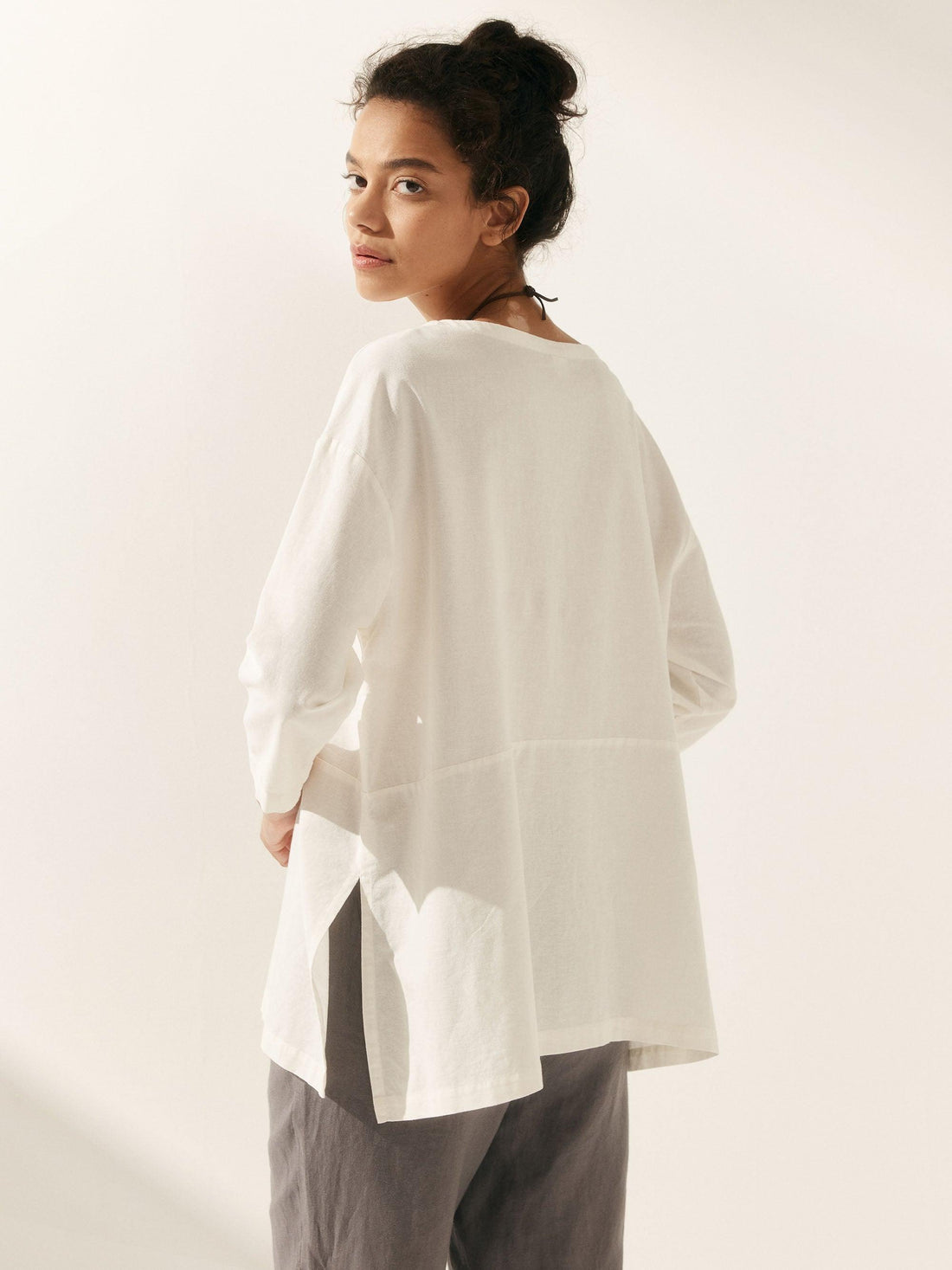 55% Linen Round Neck Straight-Fit Blouse
