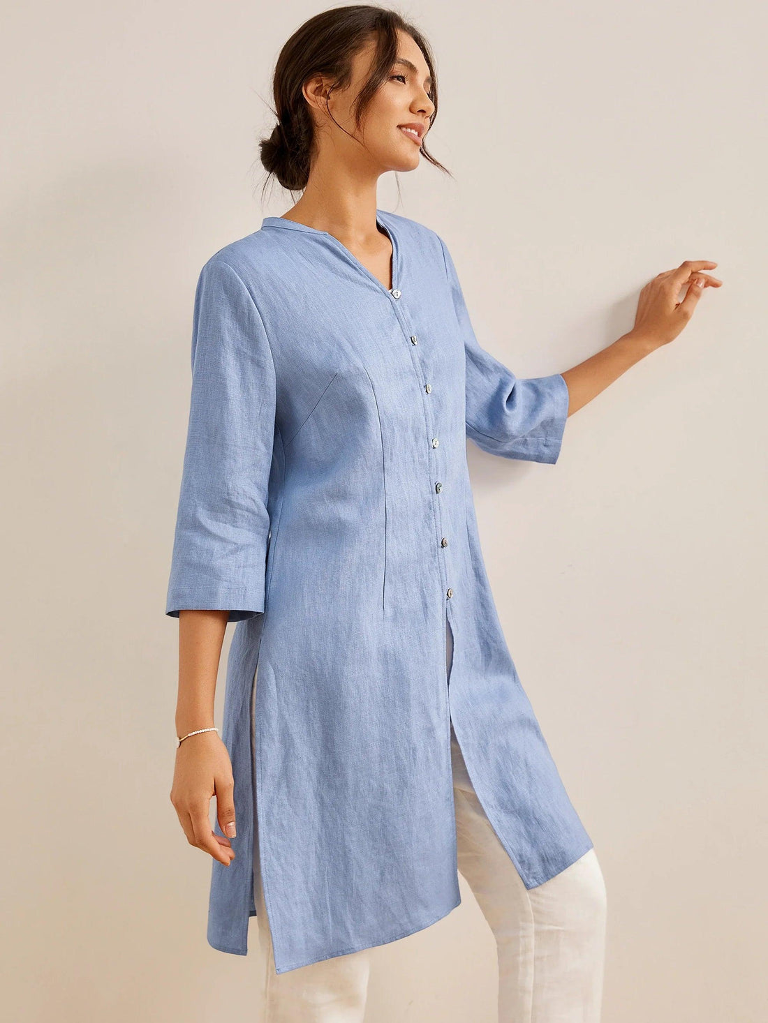 Linen Heavyweight V-Neck Stand Collar Shirt