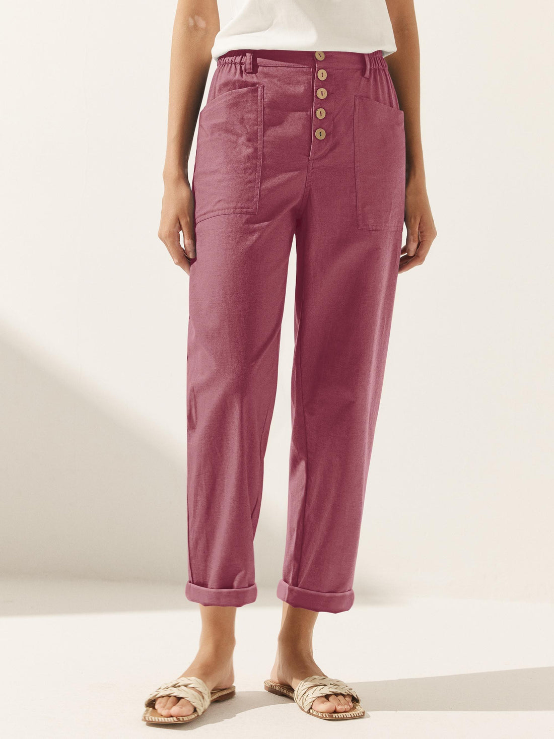 Linen-Blend Patch-Pocket Straight-Leg Trousers