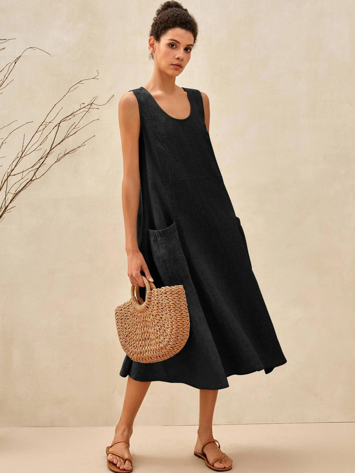 100% Linen Sleeveless Pocket Midi Dress