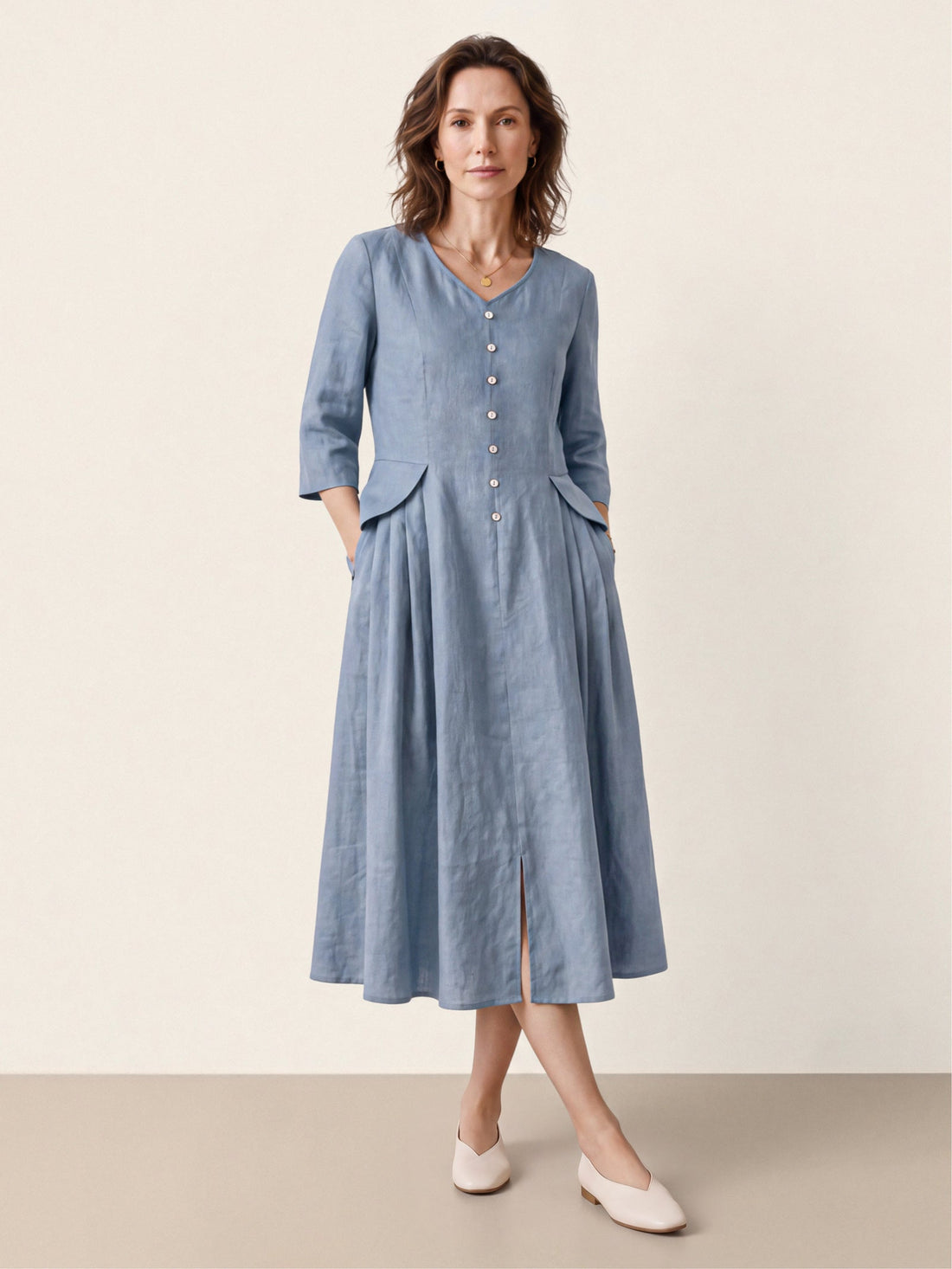 100% Linen Pleated Midi Dress with Hidden Pockets