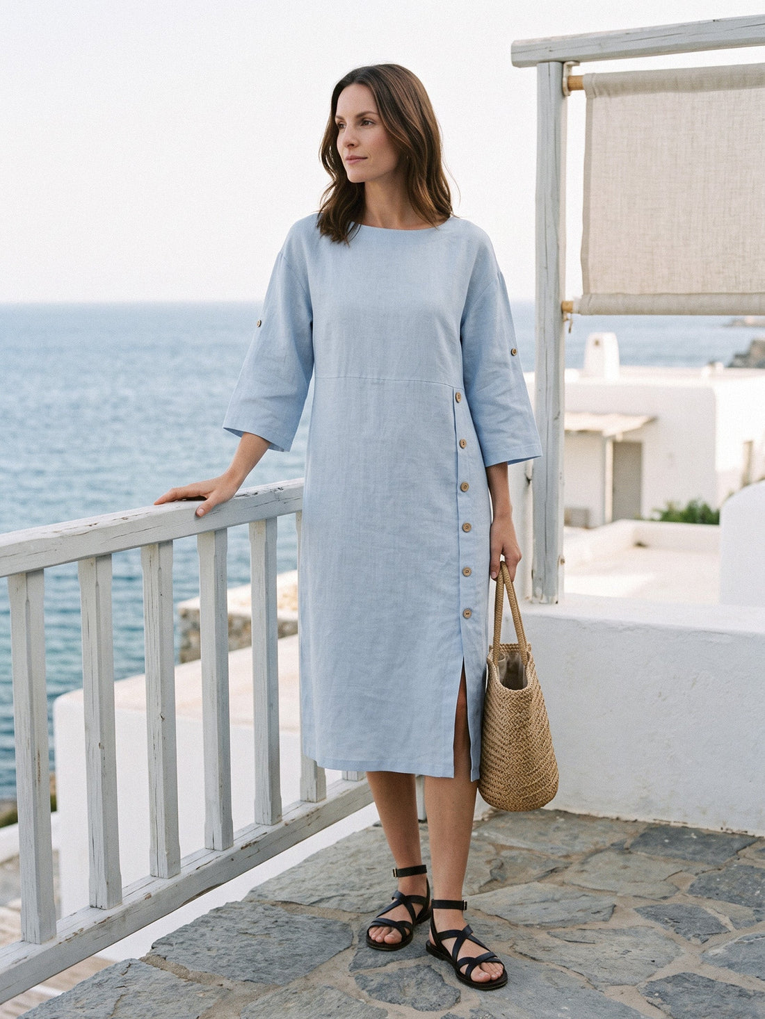 100% Linen Asymmetric Round Neck Midi Dress