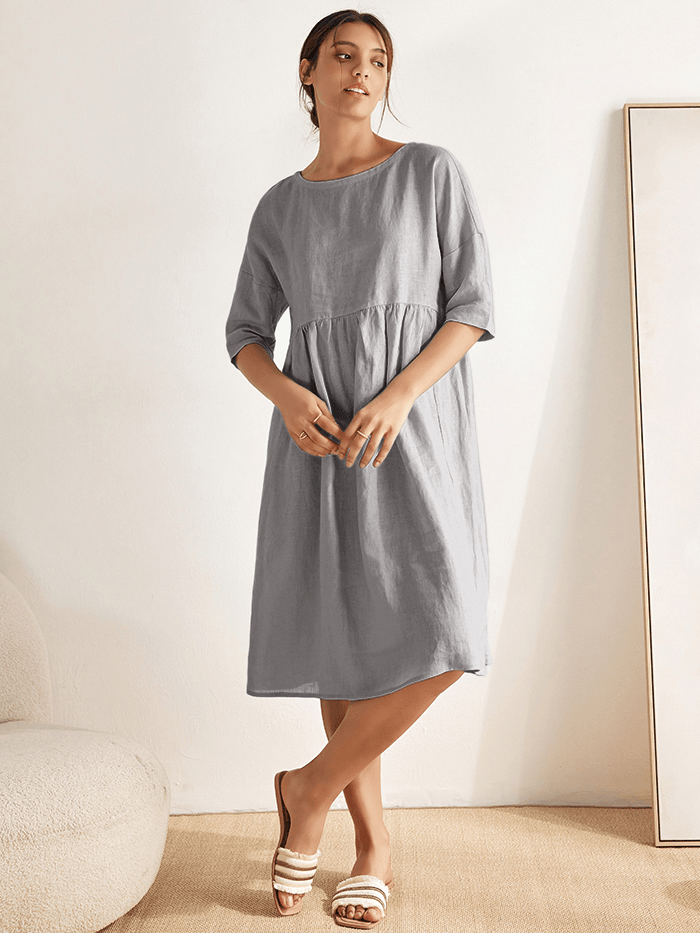 100% Linen Ruched Round-Neck Midi Dress