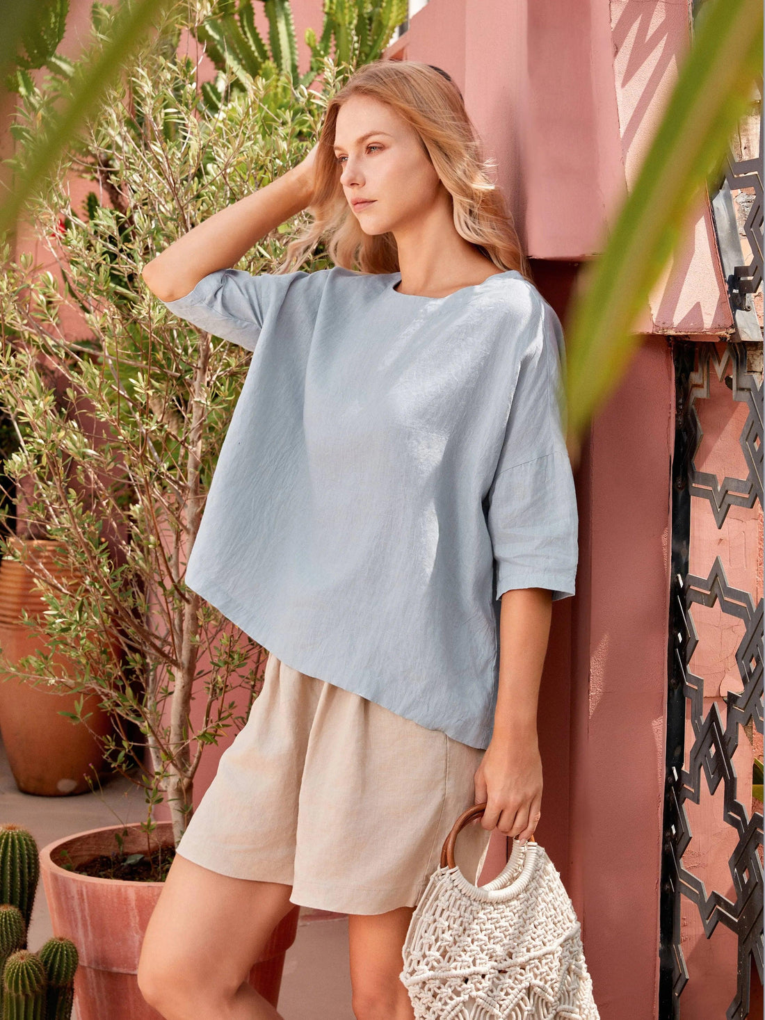 100% Linen Checked Boatneck Half-Sleeve Top