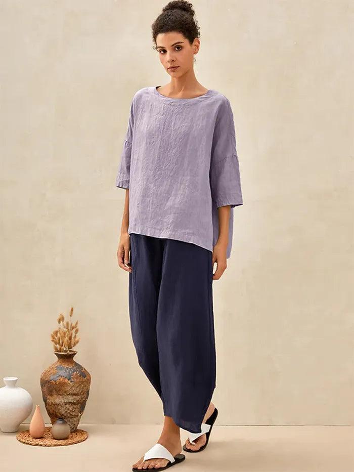 100% Linen Checked Boatneck Half-Sleeve Top