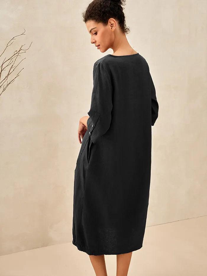 100% Linen Boat Neck Midi Dress