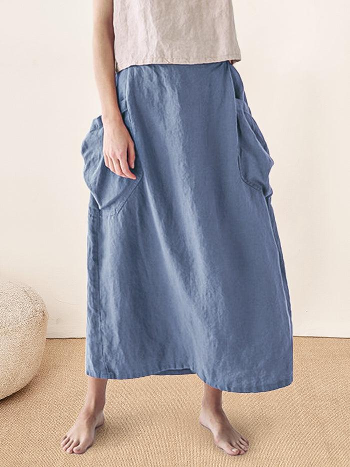 75% Linen A-Line Midi Skirt with Patch Pockets