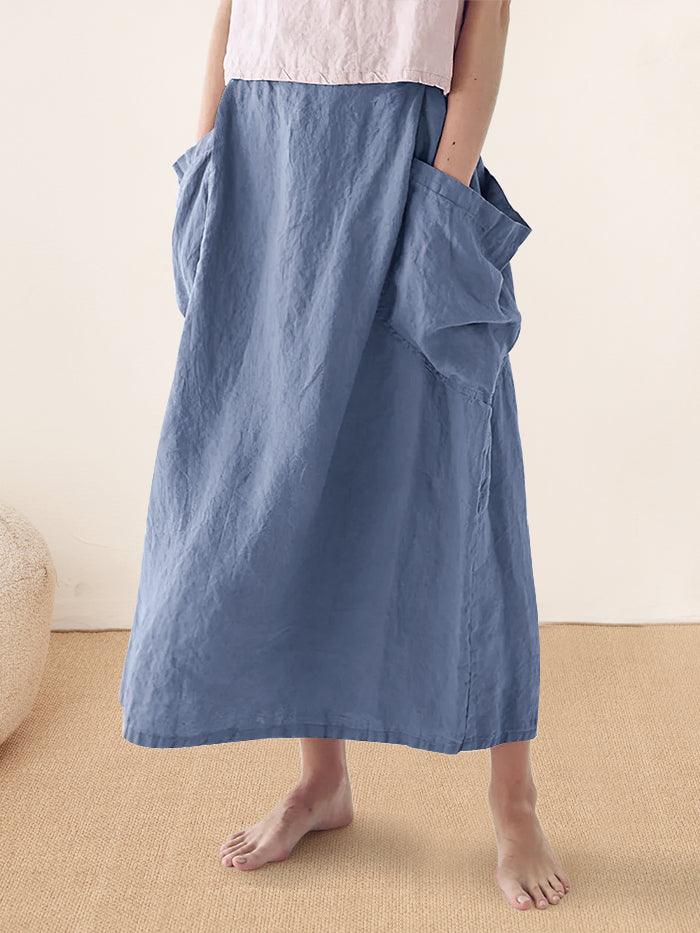 75% Linen A-Line Midi Skirt with Patch Pockets