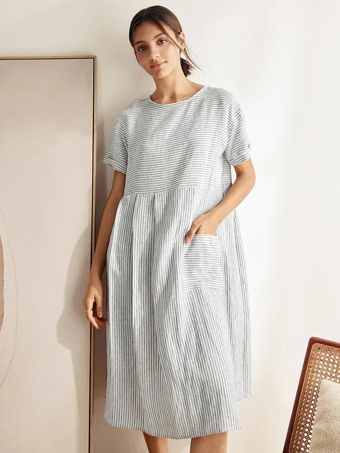 100% Linen Short Sleeve A-Line Midi Dress