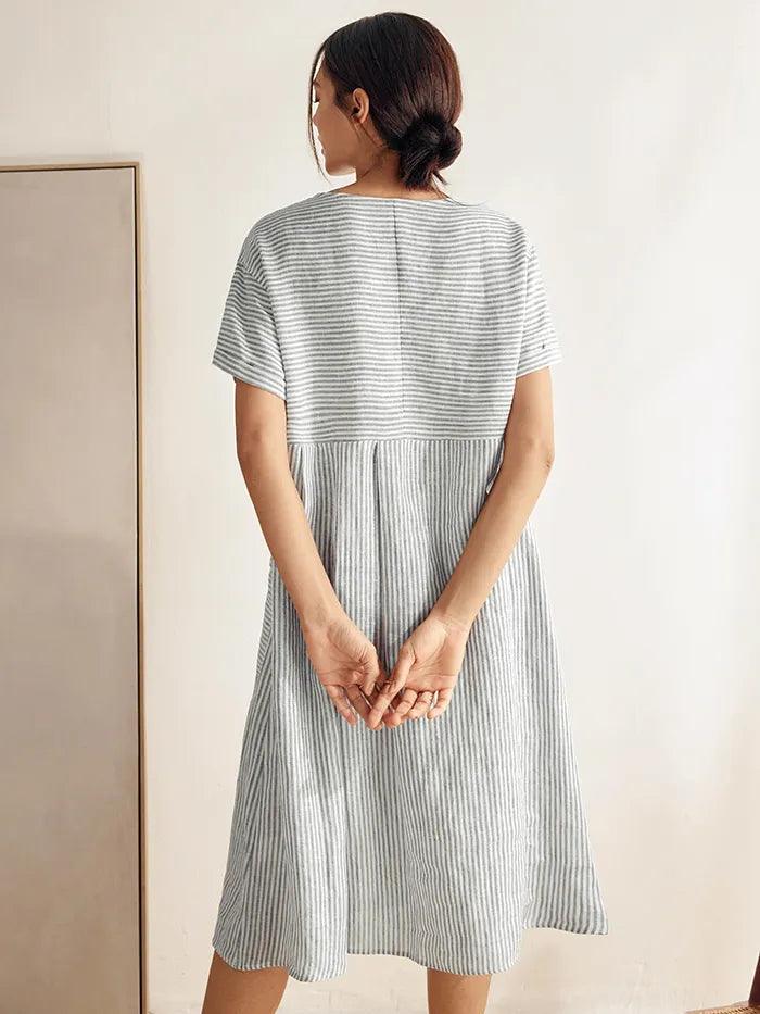 100% Linen Short Sleeve A-Line Midi Dress