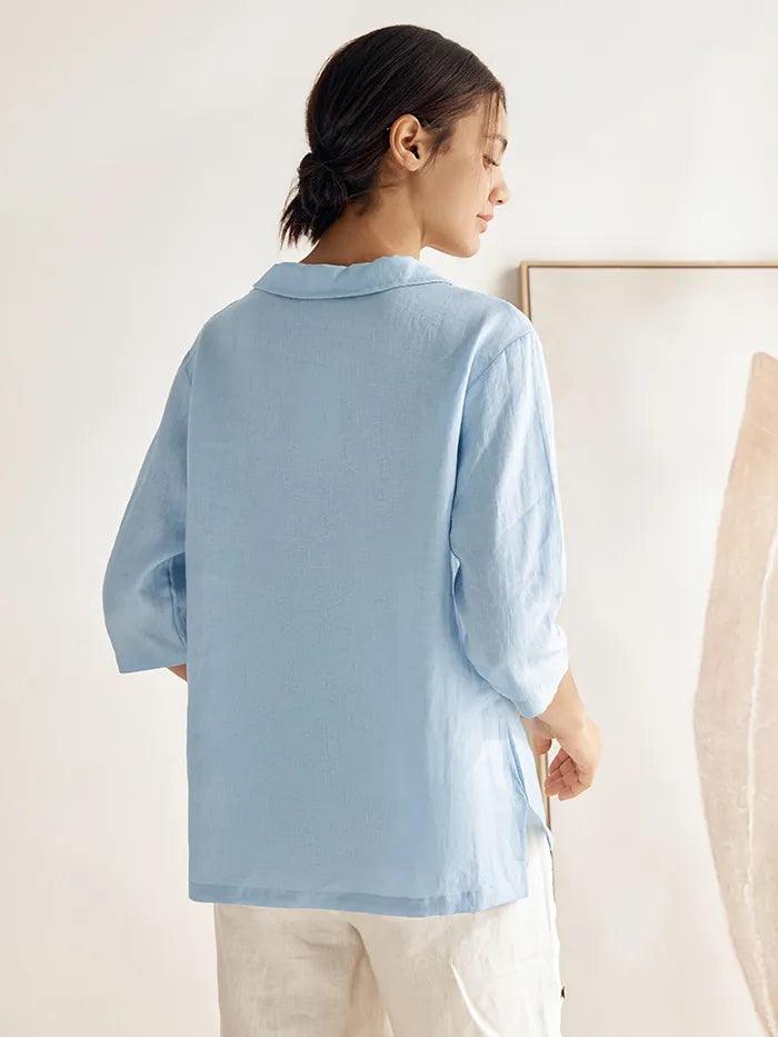 100% Linen V-Neck Three-Quarter Sleeve Blouse