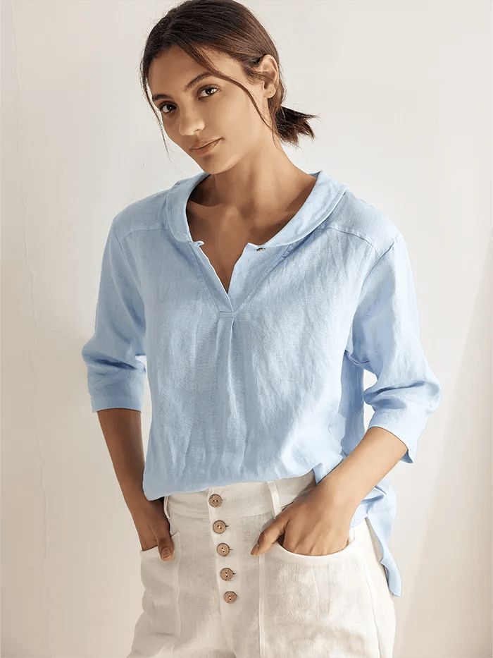 100% Linen V-Neck Three-Quarter Sleeve Blouse