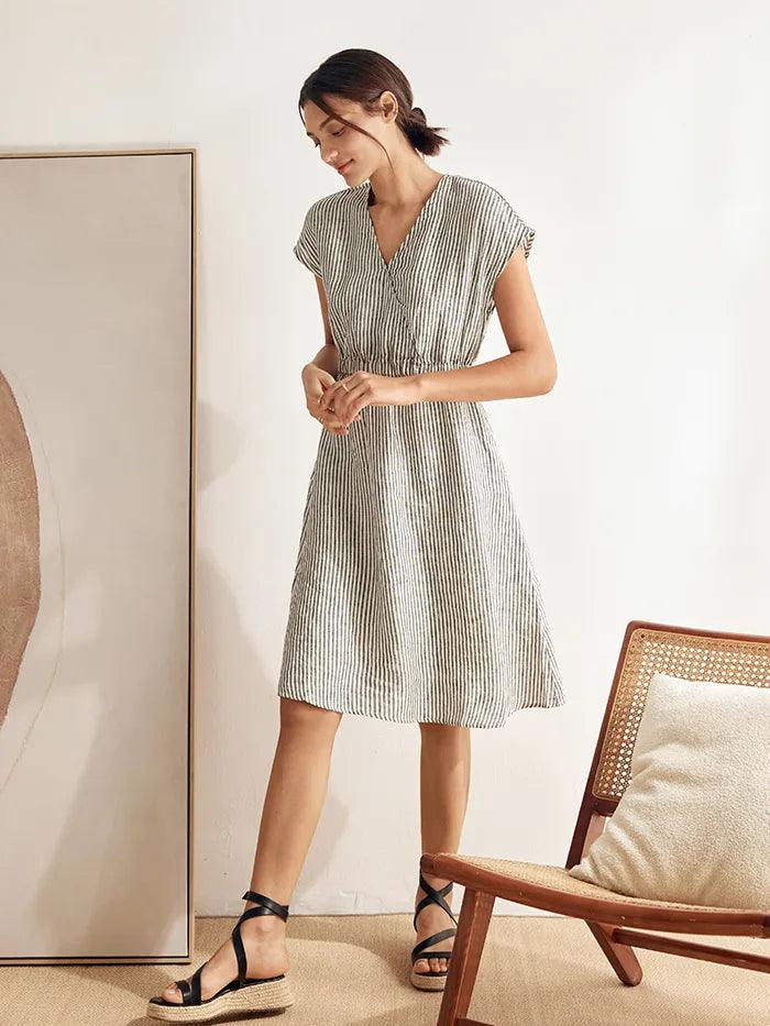 100% Linen Striped V-Neck Elastic Waist Mini Dress