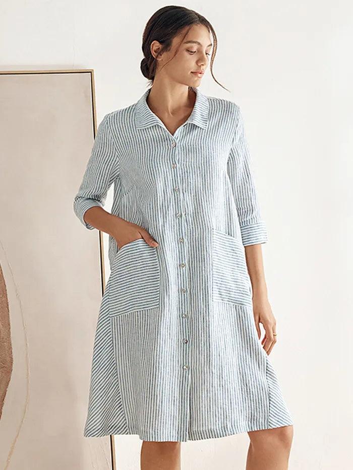 100% Linen Yarn-Dyed Mini Shirt Dress