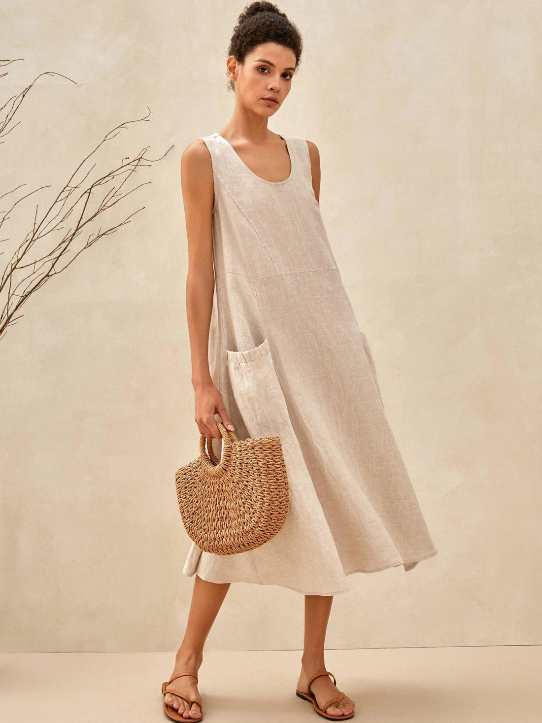 100% Linen Sleeveless Pocket Midi Dress