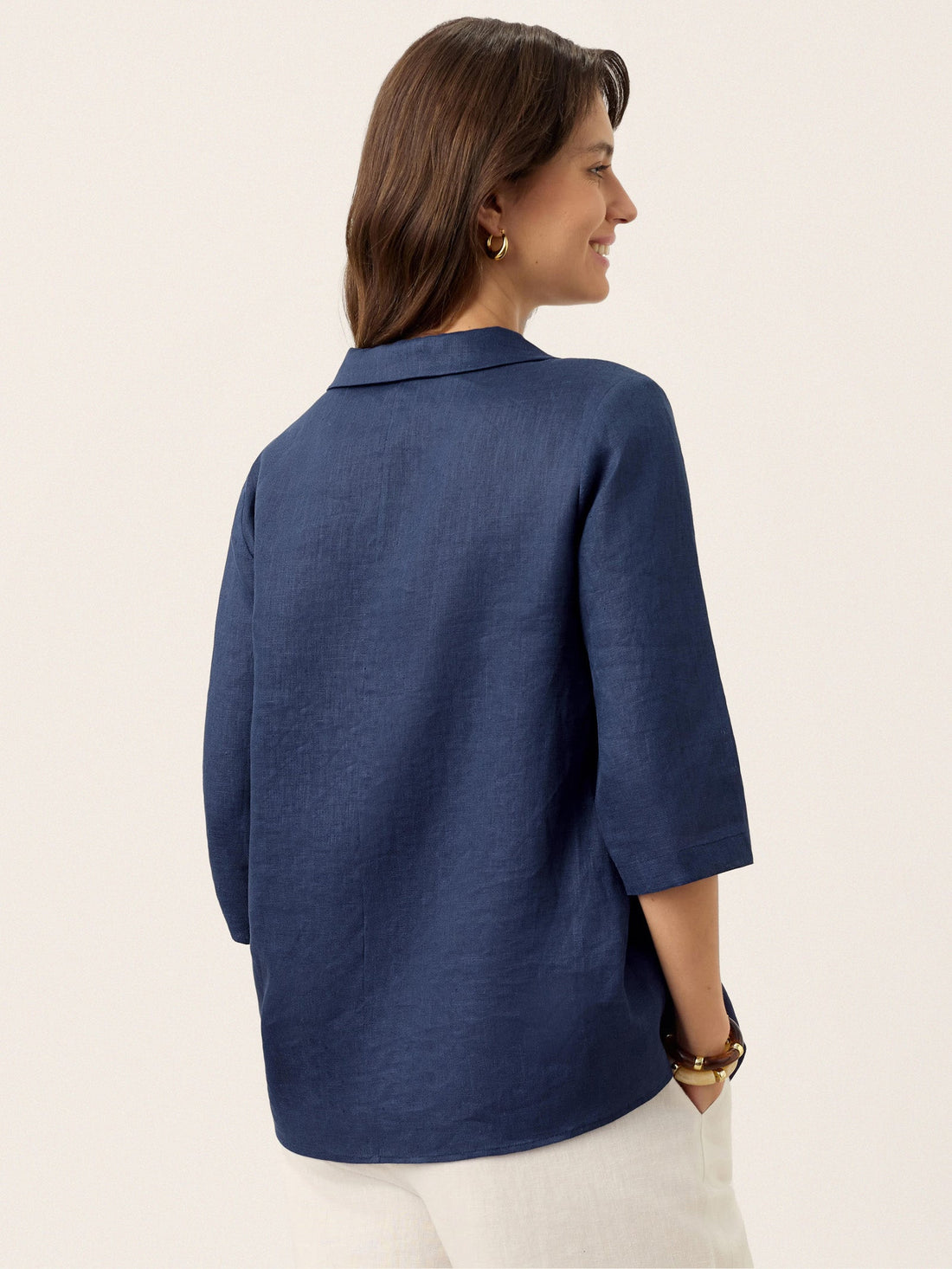 Linen Asymmetric-Collar Tunic Top with Button Detail